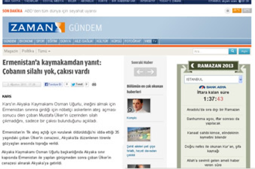 «Zaman»: Нарушивший армяно-турецкую границу пастух был азербайджанцем